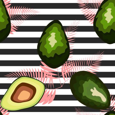 Çizgili bir arka plan üzerinde palmiye yaprakları ile avokado meyve Dikişsiz desen.