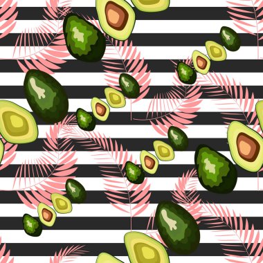 Çizgili bir arka plan üzerinde palmiye yaprakları ile avokado meyve Dikişsiz desen