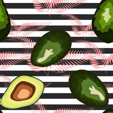 Çizgili bir arka plan üzerinde avokado meyve Dikişsiz desen. Organik vejetaryen avokado dikişsiz tekrar desen - düz stil illüstrasyon