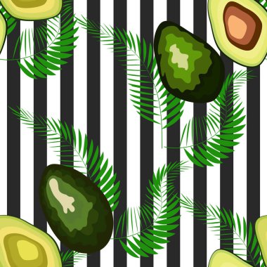 Çizgili bir arka plan üzerinde palmiye yaprakları ile avokado meyve Dikişsiz desen.