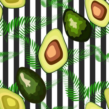 Çizgili bir arka plan üzerinde palmiye yaprakları ile avokado meyve Dikişsiz desen.