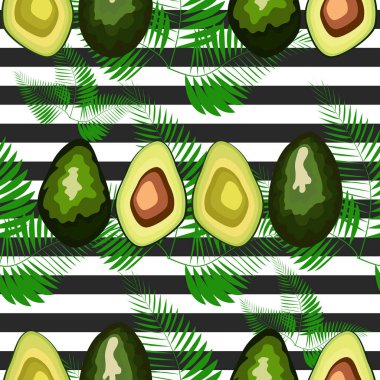 Çizgili bir arka plan üzerinde palmiye yaprakları ile avokado meyve Dikişsiz desen.