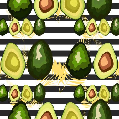 Çizgili bir arka plan üzerinde palmiye yaprakları ile avokado meyve Dikişsiz desen.