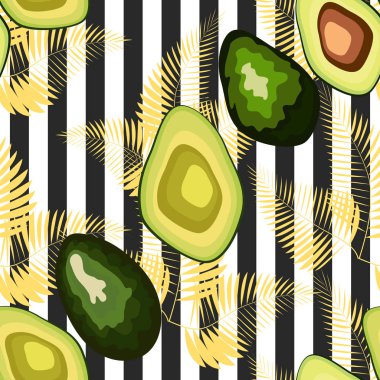 Çizgili bir arka plan üzerinde palmiye yaprakları ile avokado meyve Dikişsiz desen