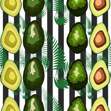 Çizgili bir arka plan üzerinde palmiye yaprakları ile avokado meyve Dikişsiz desen.