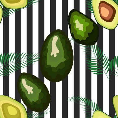 Çizgili bir arka plan üzerinde palmiye yaprakları ile avokado meyve Dikişsiz desen.