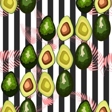 Çizgili bir arka plan üzerinde palmiye yaprakları ile avokado meyve Dikişsiz desen.