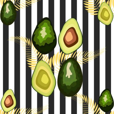 Çizgili bir arka plan üzerinde palmiye yaprakları ile avokado meyve Dikişsiz desen.