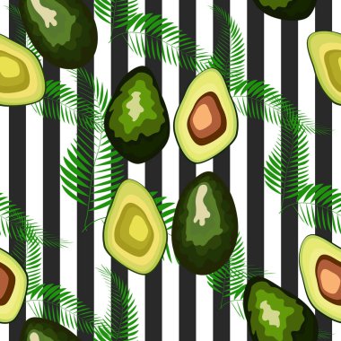 Çizgili bir arka plan üzerinde palmiye yaprakları ile avokado meyve Dikişsiz desen