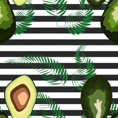 Çizgili bir arka plan üzerinde palmiye yaprakları ile avokado meyve Dikişsiz desen.