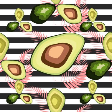 Çizgili bir arka plan üzerinde avokado meyve Dikişsiz desen. Organik vejetaryen avokado dikişsiz tekrar desen - düz stil illüstrasyon