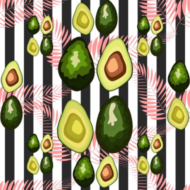 Çizgili bir arka plan üzerinde avokado meyve Dikişsiz desen. Organik vejetaryen avokado dikişsiz tekrar desen - düz stil illüstrasyon