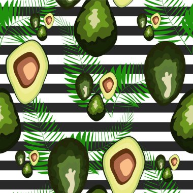 Çizgili bir arka plan üzerinde palmiye yaprakları ile avokado meyve Dikişsiz desen
