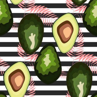 Çizgili bir arka plan üzerinde palmiye yaprakları ile avokado meyve Dikişsiz desen.