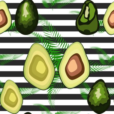 Çizgili bir arka plan üzerinde palmiye yaprakları ile avokado meyve Dikişsiz desen.