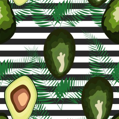 Çizgili bir arka plan üzerinde palmiye yaprakları ile avokado meyve Dikişsiz desen.