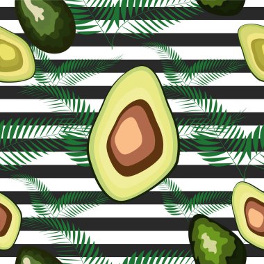 Çizgili bir arka plan üzerinde palmiye yaprakları ile avokado meyve Dikişsiz desen