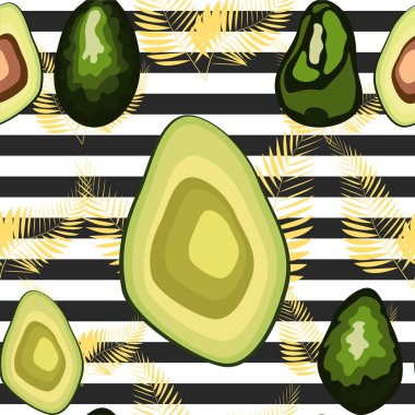 Çizgili bir arka plan üzerinde palmiye yaprakları ile avokado meyve Dikişsiz desen.