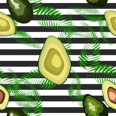 Çizgili bir arka plan üzerinde palmiye yaprakları ile avokado meyve Dikişsiz desen.