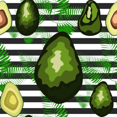 Çizgili bir arka plan üzerinde palmiye yaprakları ile avokado meyve Dikişsiz desen
