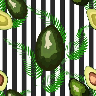 Çizgili bir arka plan üzerinde palmiye yaprakları ile avokado meyve Dikişsiz desen.