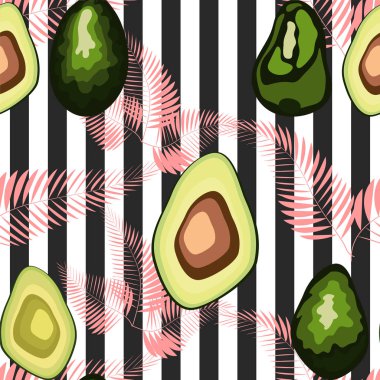 Çizgili bir arka plan üzerinde palmiye yaprakları ile avokado meyve Dikişsiz desen.