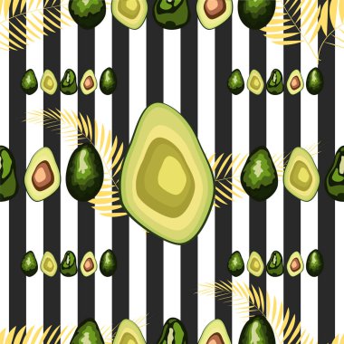 Çizgili bir arka plan üzerinde palmiye yaprakları ile avokado meyve Dikişsiz desen.