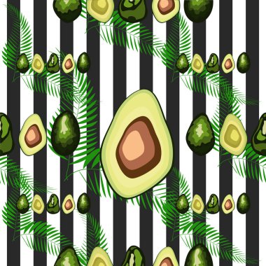 Çizgili bir arka plan üzerinde palmiye yaprakları ile avokado meyve Dikişsiz desen.