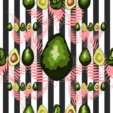 Çizgili bir arka plan üzerinde palmiye yaprakları ile avokado meyve Dikişsiz desen.
