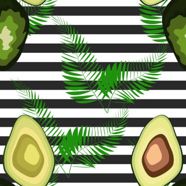 Çizgili bir arka plan üzerinde palmiye yaprakları ile avokado meyve Dikişsiz desen.