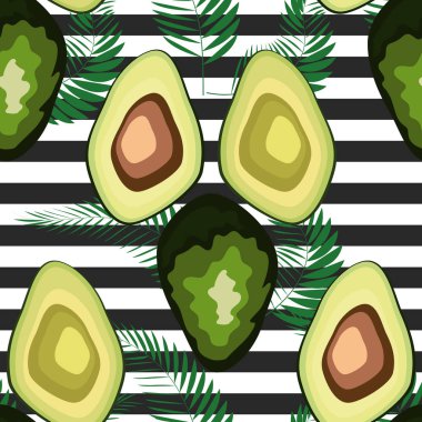 Çizgili bir arka plan üzerinde palmiye yaprakları ile avokado meyve Dikişsiz desen