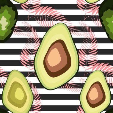 Çizgili bir arka plan üzerinde palmiye yaprakları ile avokado meyve Dikişsiz desen.