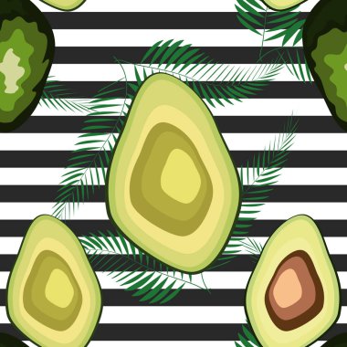 Kaplan çizgileri ve tropikal yaprakları ile dikişsiz desen. Avokado ile Desen