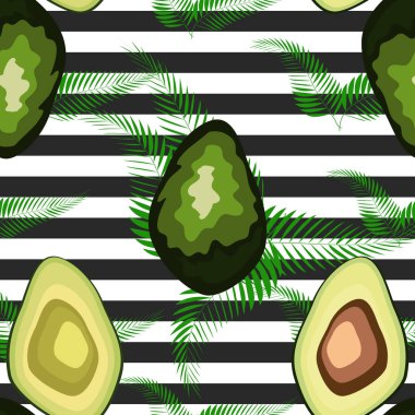 Çizgili bir arka plan üzerinde palmiye yaprakları ile avokado meyve Dikişsiz desen.