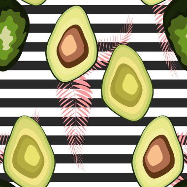 Çizgili bir arka plan üzerinde palmiye yaprakları ile avokado meyve Dikişsiz desen.