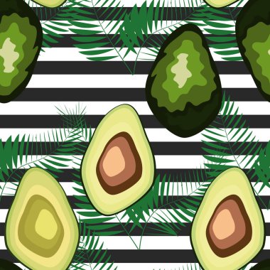 Çizgili bir arka plan üzerinde palmiye yaprakları ile avokado meyve Dikişsiz desen