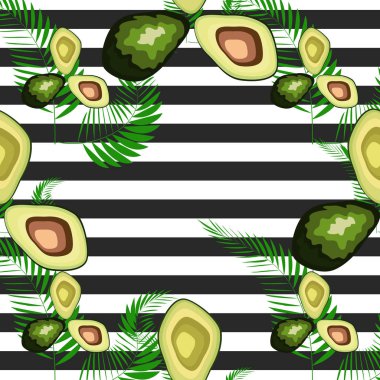 Taze avokado ile dikişsiz desen, el çizilmiş fon. Renkli illüstrasyon, çiğ gıda. Sebzelerle örtüşen arka plan.
