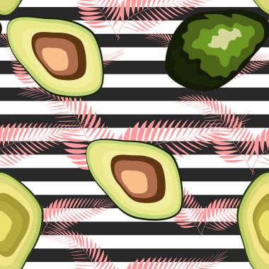 Çizgili bir arka plan üzerinde palmiye yaprakları ile avokado meyve Dikişsiz desen