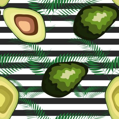 Avokado deseni. Tropikal yaz meyve oyulmuş tarzı arka plan. Şerit arka plan