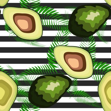 Çizgili bir arka plan üzerinde palmiye yaprakları ile avokado meyve Dikişsiz desen