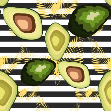 Taze avokado ile dikişsiz desen, el çizilmiş fon. Renkli illüstrasyon, çiğ gıda. Sebzelerle örtüşen arka plan.