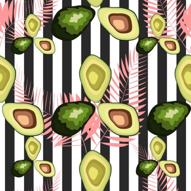 Avokado deseni. Tropikal yaz meyve oyulmuş tarzı arka plan. Şerit arka plan