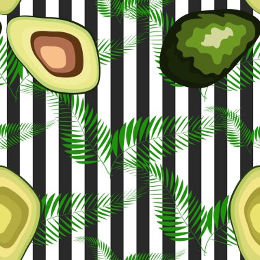 Kaplan çizgileri ve tropikal yaprakları ile dikişsiz desen. Avokado ile Desen