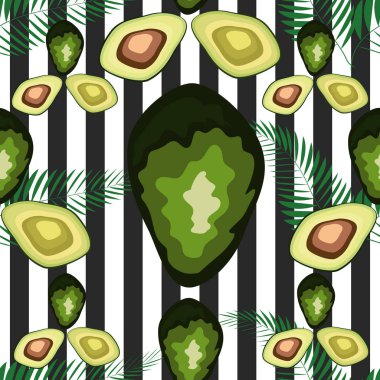 Çizgili bir arka plan üzerinde palmiye yaprakları ile avokado meyve Dikişsiz desen