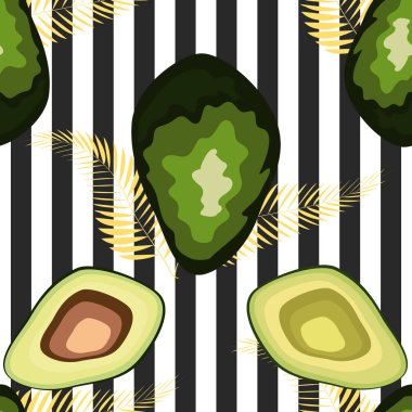 Taze avokado ile dikişsiz desen, el çizilmiş fon. Renkli illüstrasyon, çiğ gıda. Sebzelerle örtüşen arka plan.