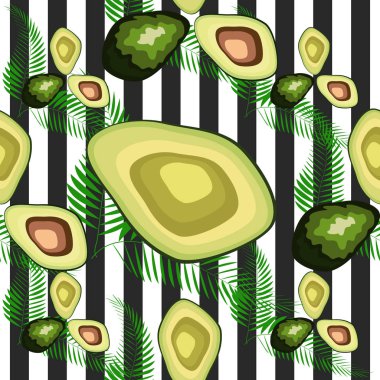 Avokado deseni. Tropikal yaz meyve oyulmuş tarzı arka plan. Şerit arka plan