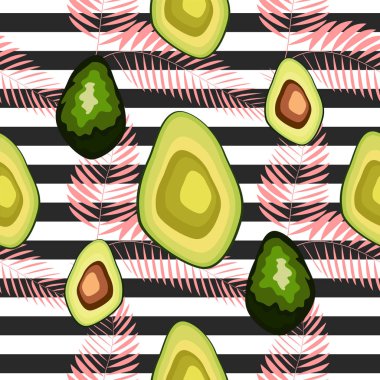 Çizgili bir arka plan üzerinde palmiye yaprakları ile avokado meyve Dikişsiz desen