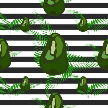 Kaplan çizgileri ve tropikal yaprakları ile dikişsiz desen. Avokado ile Desen