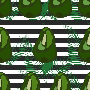 Çizgili bir arka plan üzerinde palmiye yaprakları ile avokado meyve Dikişsiz desen