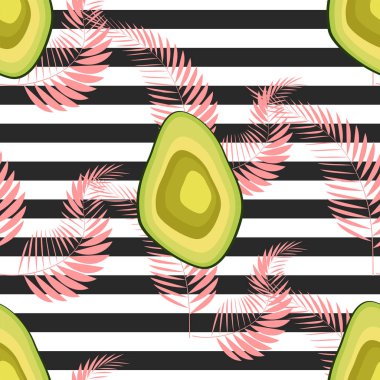 Avokado deseni. Tropikal yaz meyve oyulmuş tarzı arka plan. Şerit arka plan
